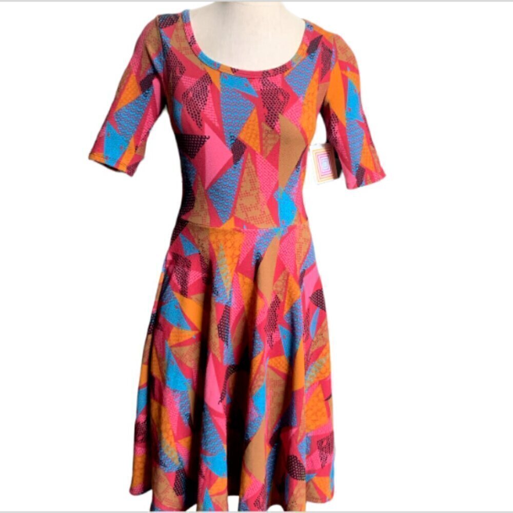 NWT Lularoe Nicole Colorful Fit-and-Flare Classic Dress Sz S Geometric Print 31E - Picture 1 of 8